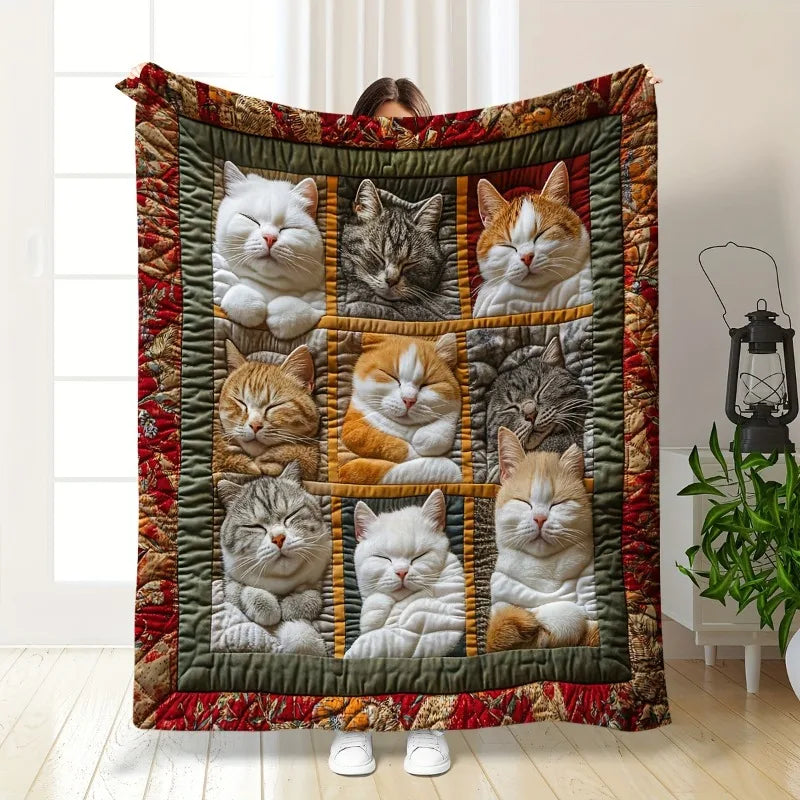 Bohemian Cat-Themed Flannel Blanket – Multi-Colour Throw