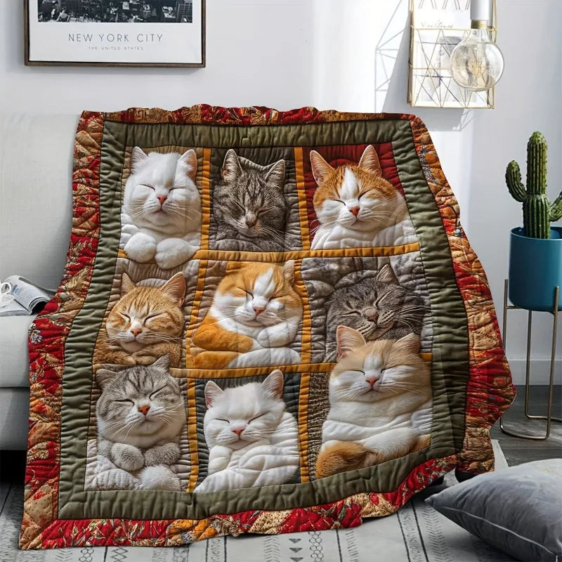 Bohemian Cat-Themed Flannel Blanket – Multi-Colour Throw