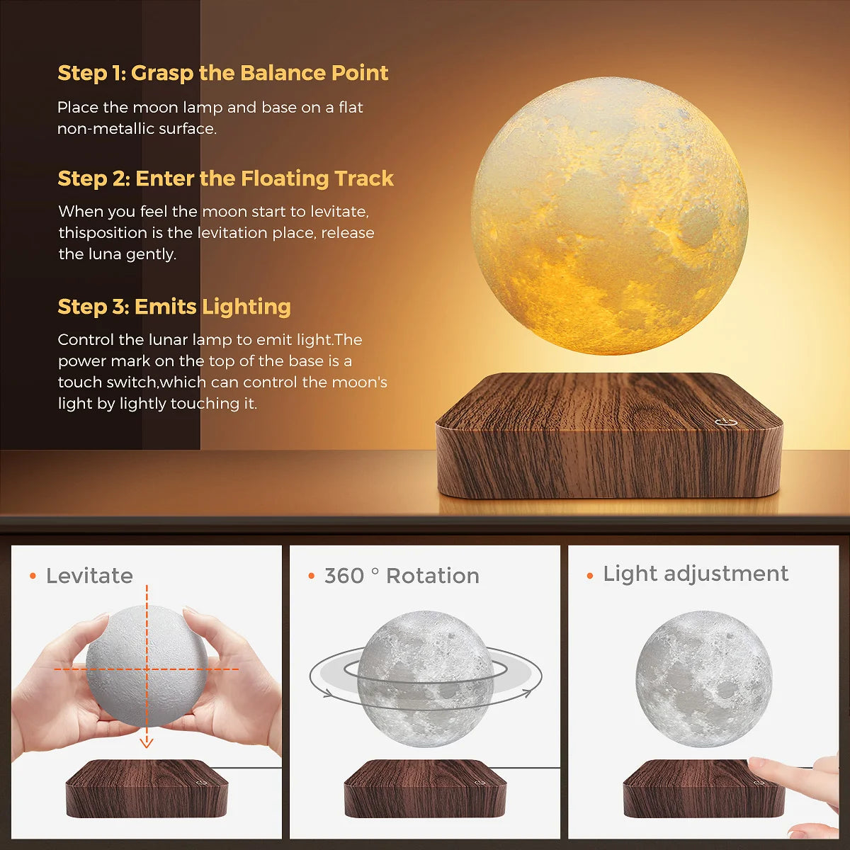 Mexllex Magnetic Levitating Moon Lamp – 3-Colour LED Night Light