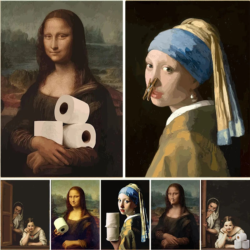 Funny Bathroom Canvas – Mona Lisa with Toilet Roll