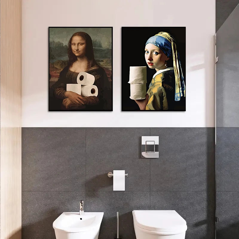 Funny Bathroom Canvas – Mona Lisa with Toilet Roll