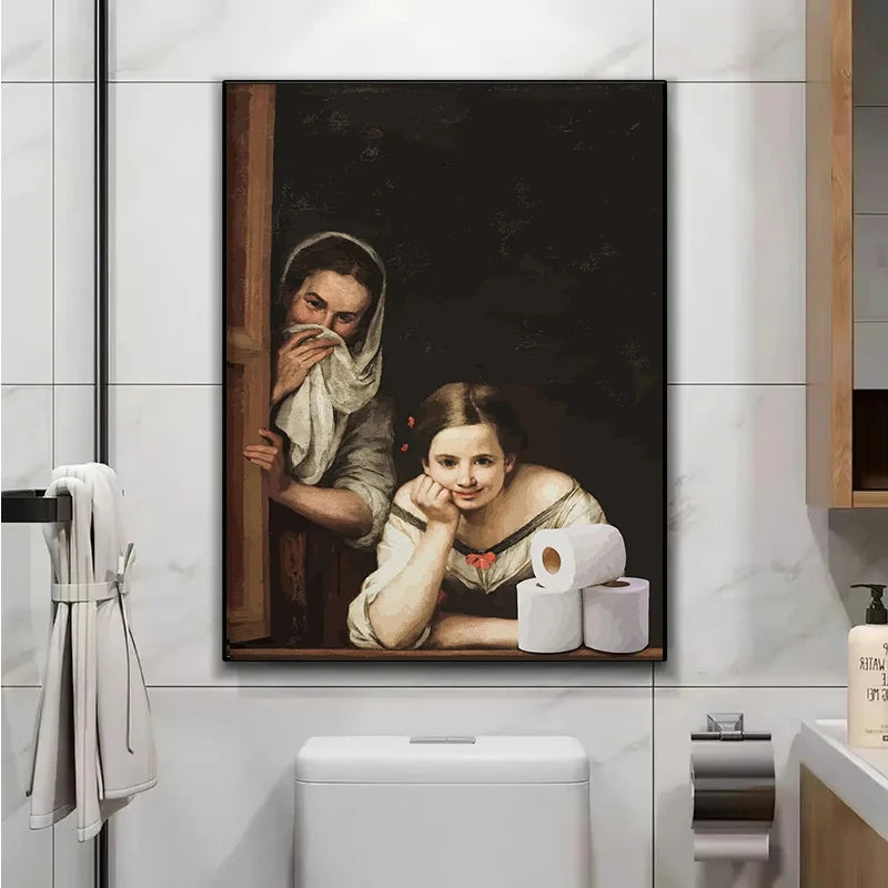 Funny Bathroom Canvas – Mona Lisa with Toilet Roll