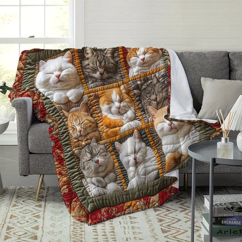 Bohemian Cat-Themed Flannel Blanket – Multi-Colour Throw
